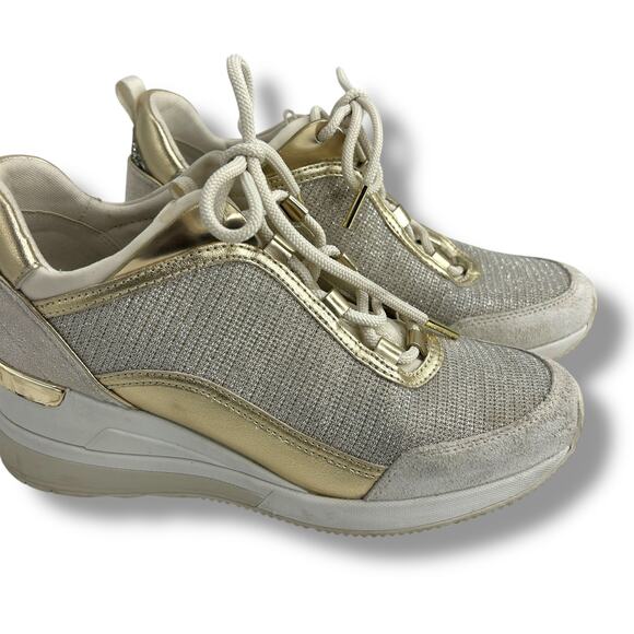 Michael Kors Lolly Trainer Wedge Sneakers 7.5 Metallic Silver gold Glitter EUC - Picture 16 of 16